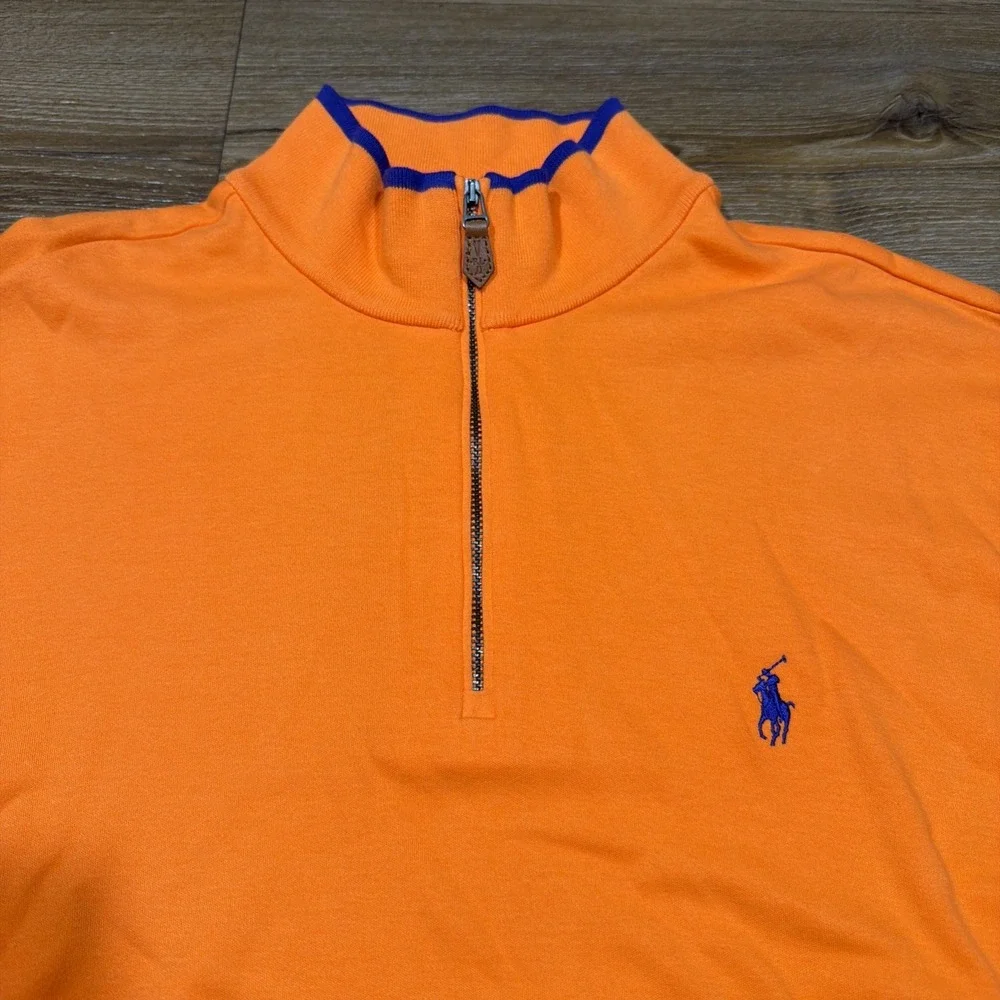 Polo Golf Ralph Lauren Men's LARGE‎ 1/4 Quarter Zip Sweater Orange Blue Cotton